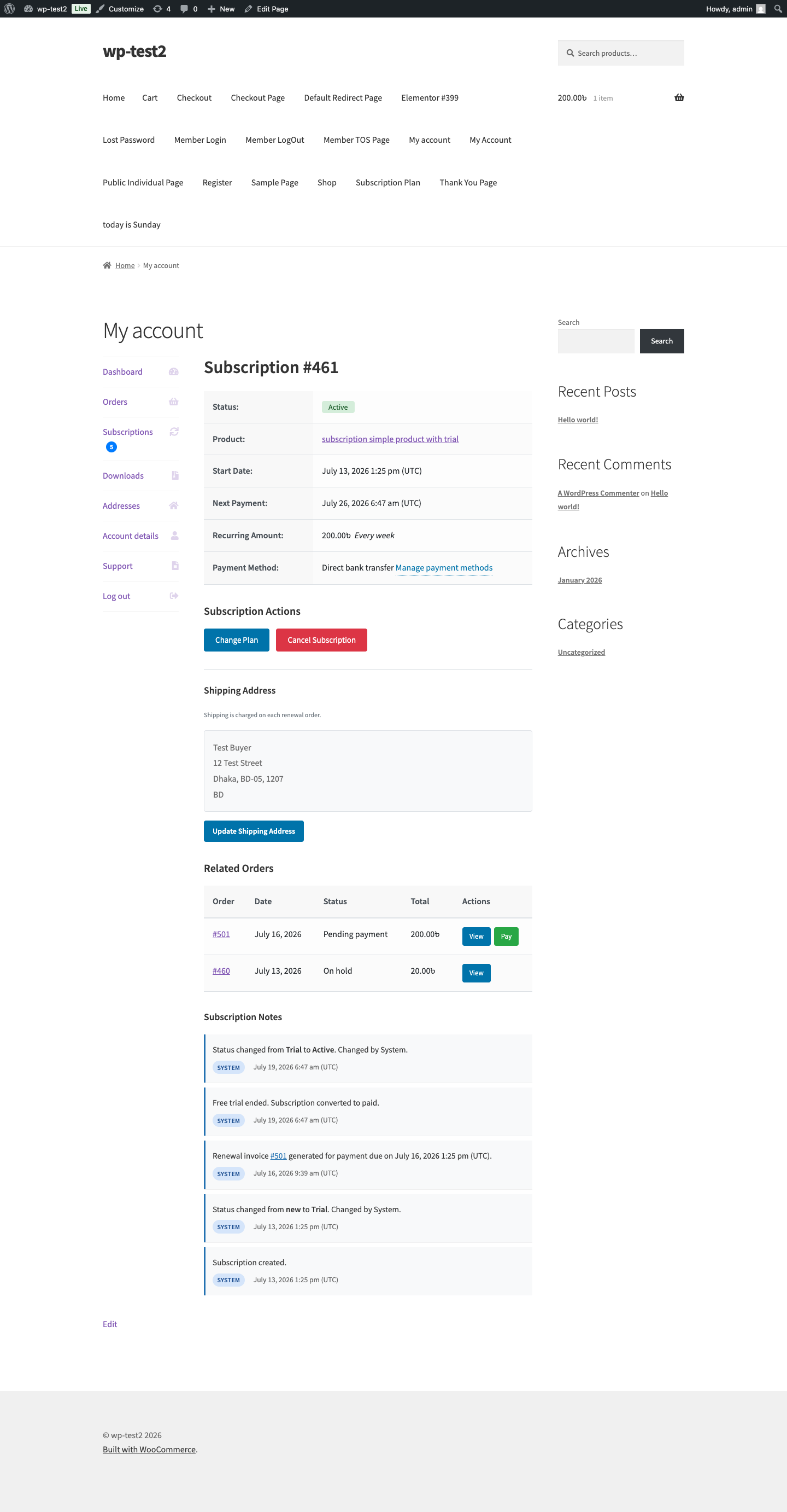 The customer subscription detail page showing cancellation alongside other subscription actions