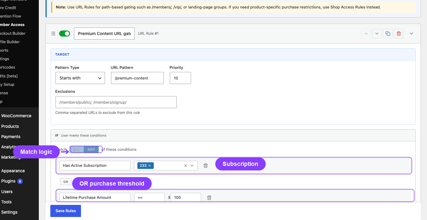 The annotated live condition builder marks the top-level ANY operator, grouped boundary, nested conditions, and action context.
