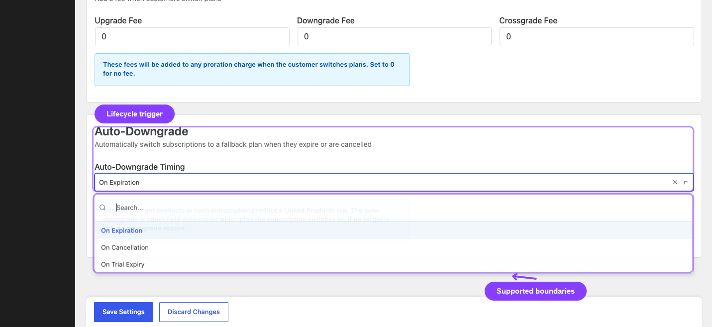 Current ArraySubs settings expose expiration, cancellation, and trial-expiry downgrade boundaries.