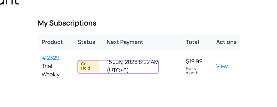 Annotated customer subscription row showing the On Hold state and next-payment context after an unpaid renewal.