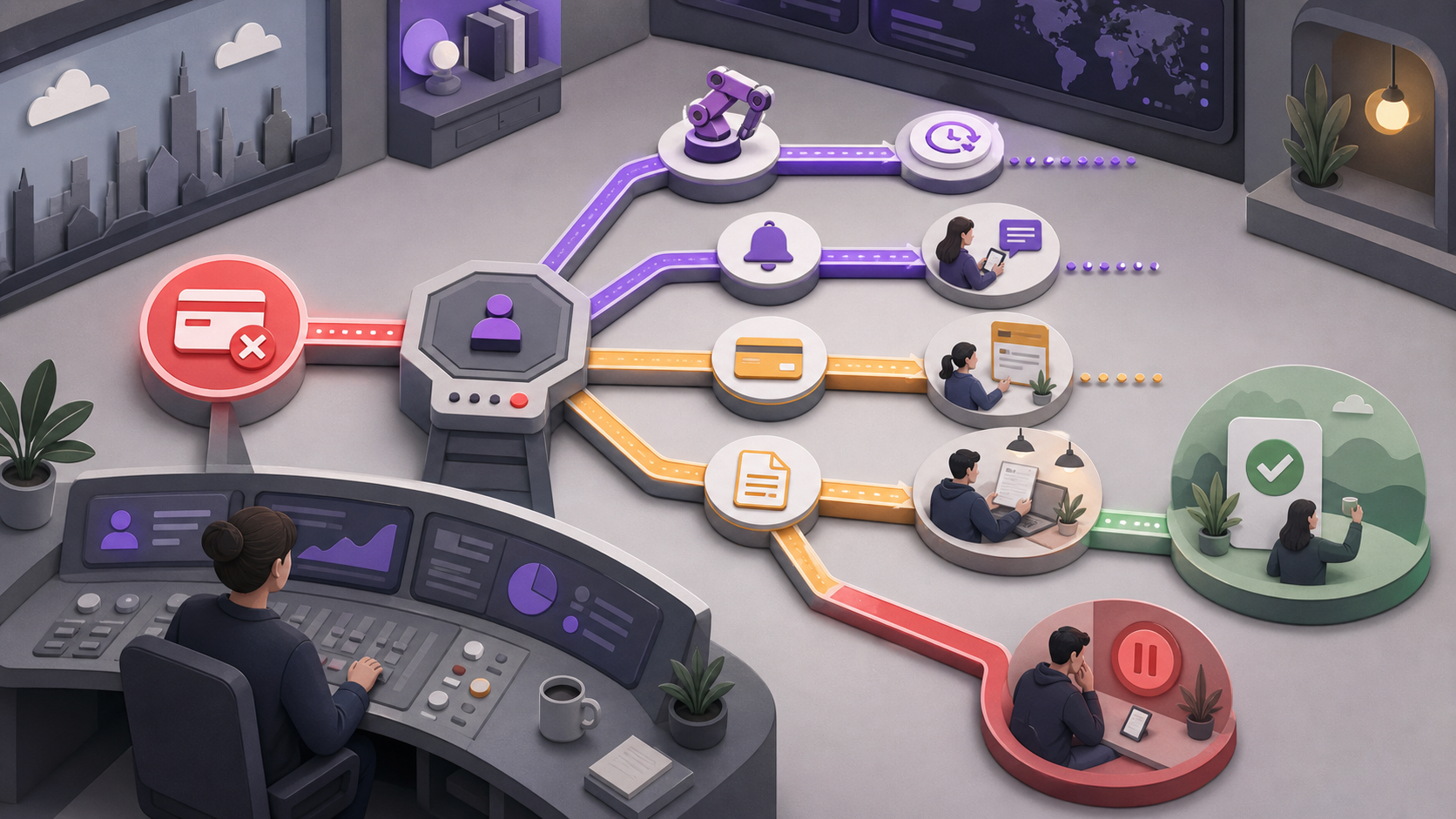 An editorial operations room routes a failed renewal through retry, notification, payment update, manual invoice, recovery, or on-hold outcomes.