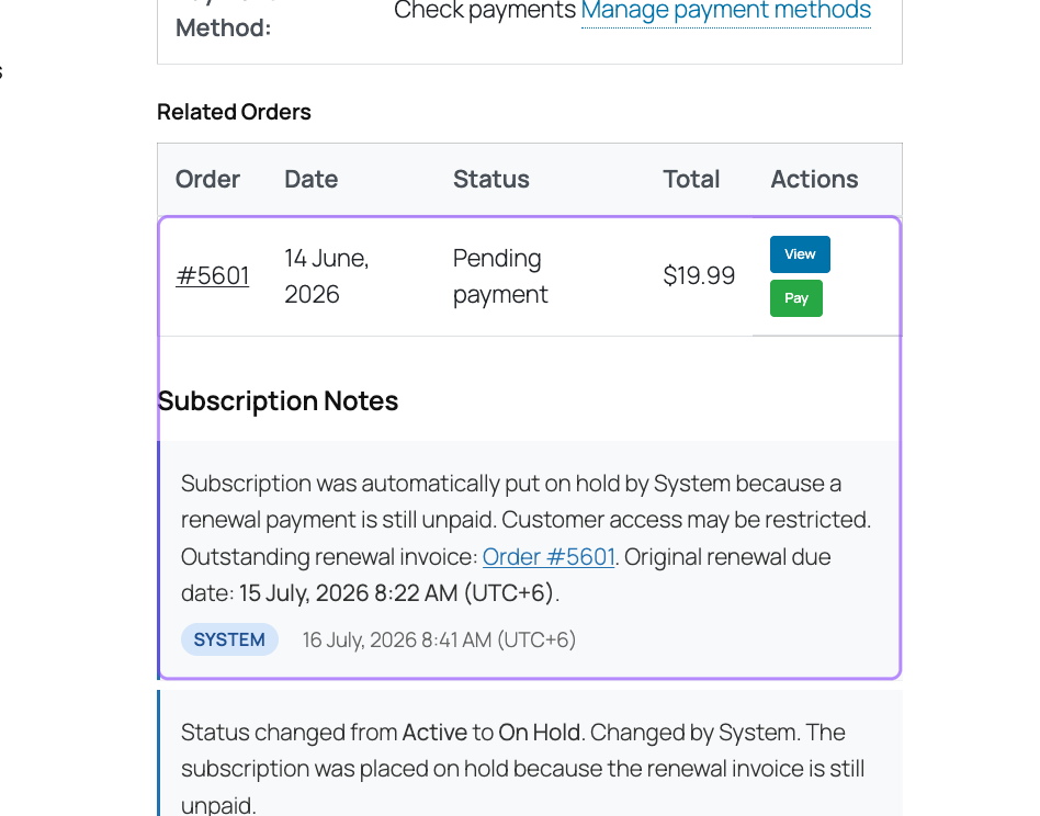 Annotated customer portal showing an open renewal order, its Pay action, and the related on-hold lifecycle notice.