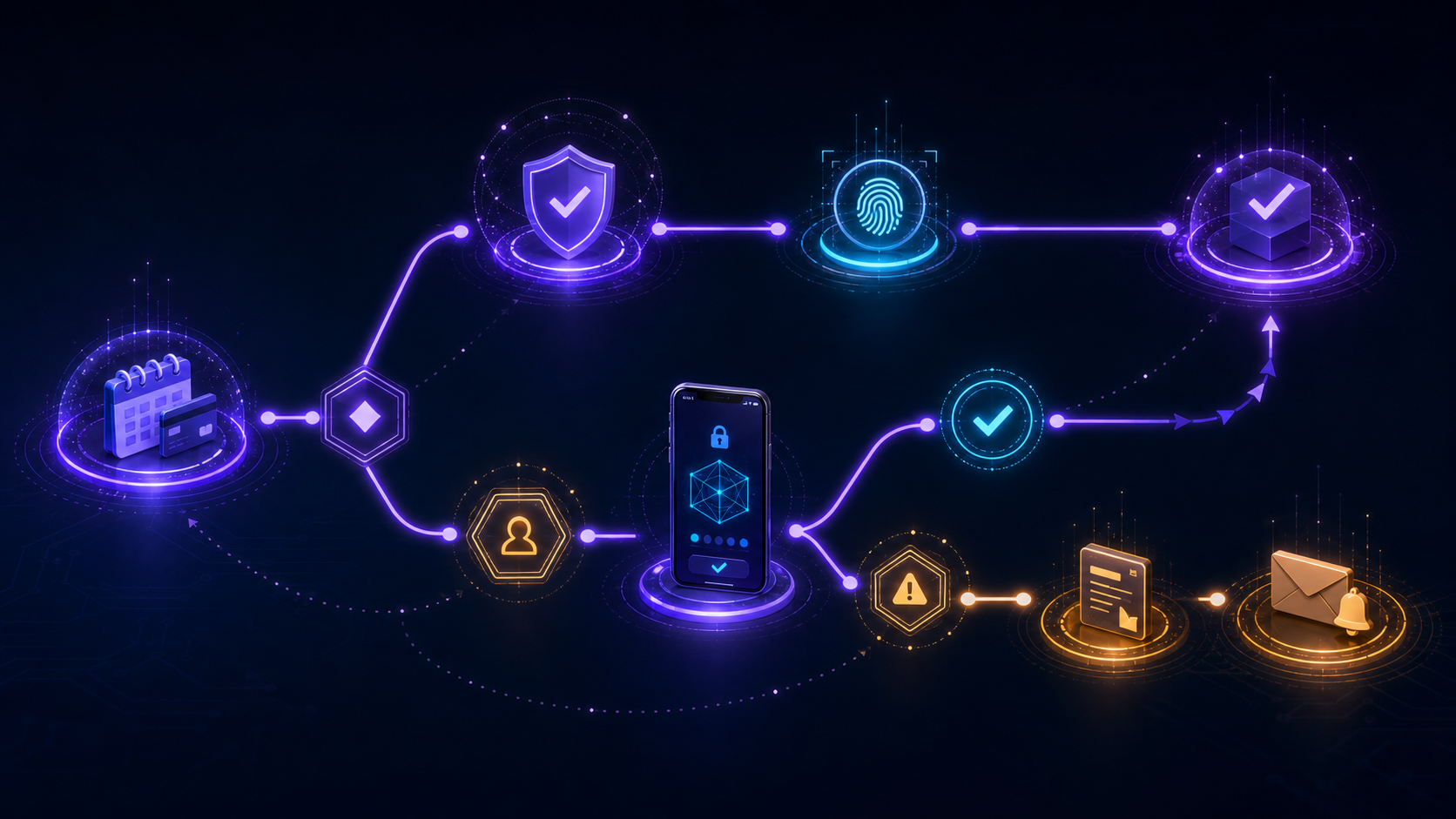 A dark renewal decision map branches a future off-session charge through frictionless authentication, customer challenge, success, or invoice recovery.