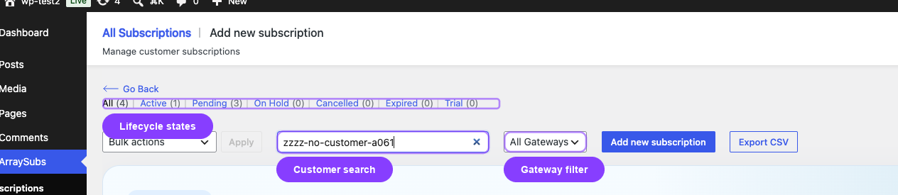 Annotated ArraySubs subscription controls showing lifecycle-state filters, customer search, and the gateway filter in a privacy-safe no-result state.