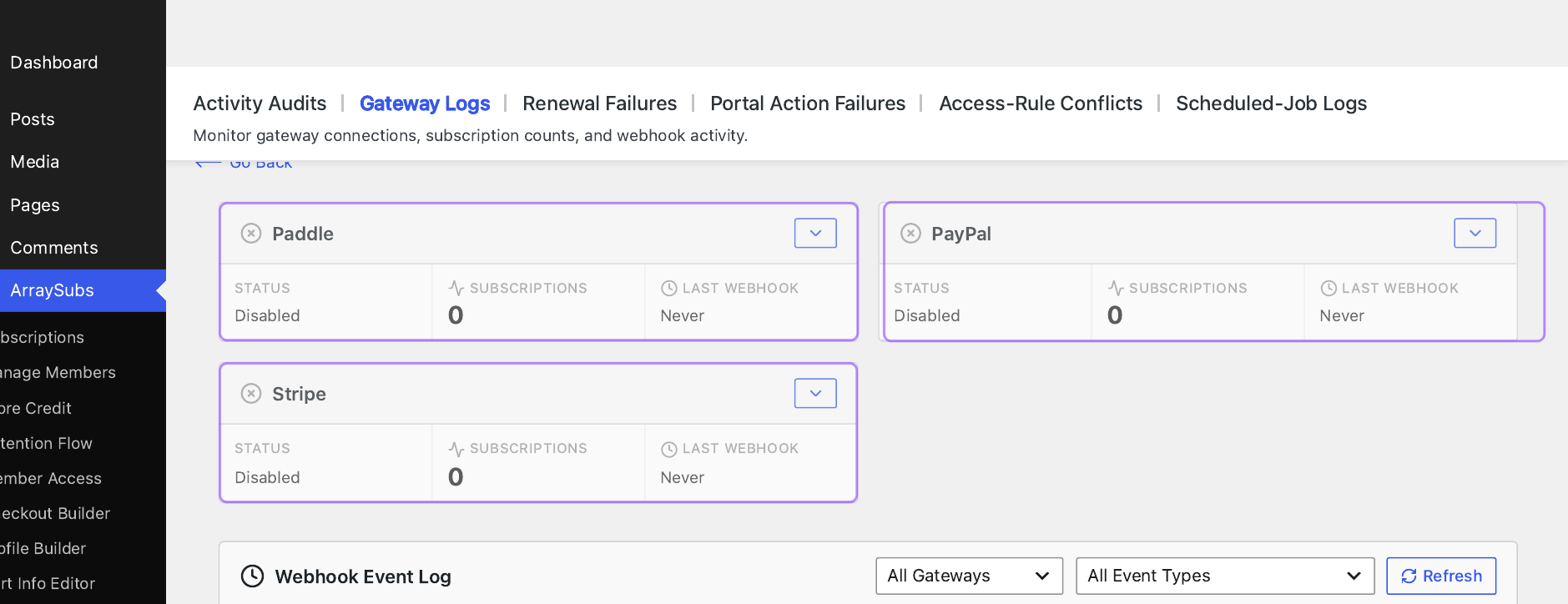 Annotated ArraySubs Gateway Health screen showing status cards for Paddle, PayPal, and Stripe plus recent webhook activity.
