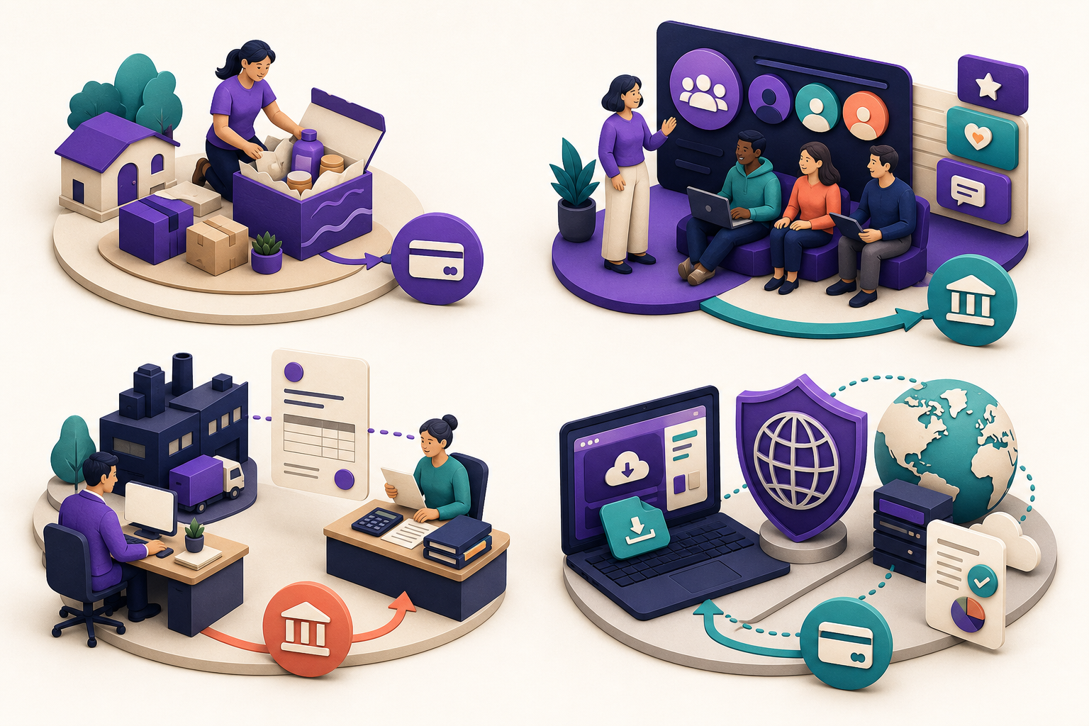 Four business-model scenes show why a subscription box, membership, B2B invoice, and global software product can require different gateway architectures.