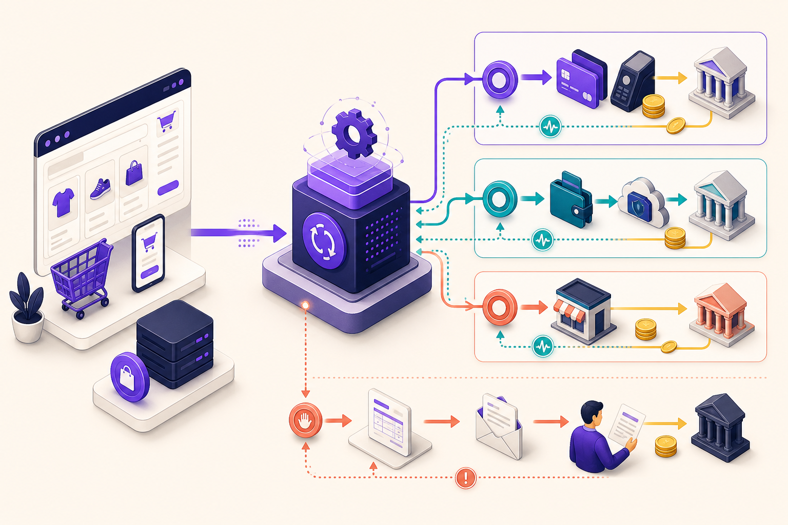 A technical cutaway traces site-initiated, provider-managed, Merchant-of-Record, and manual-invoice renewal paths.