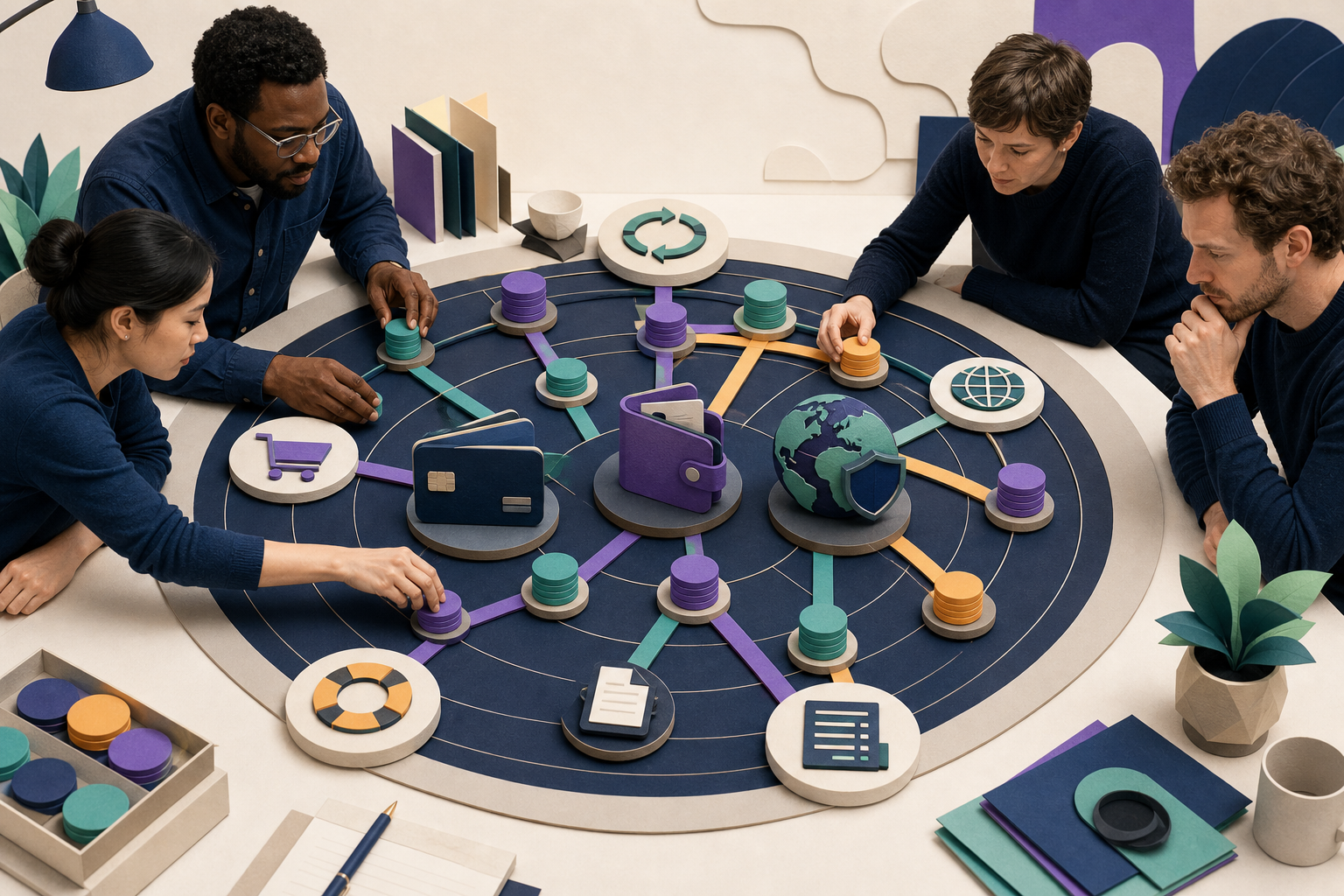 An operations team weighs renewal automation, cart fit, geography, recovery, and accounting responsibilities on a gateway decision workbench.