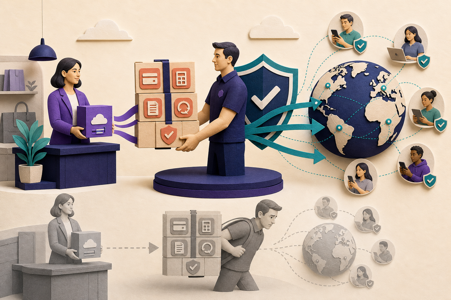 A responsibility-handoff scene contrasts a Merchant-of-Record route with a merchant carrying payment, tax, invoice, refund, and compliance work directly.