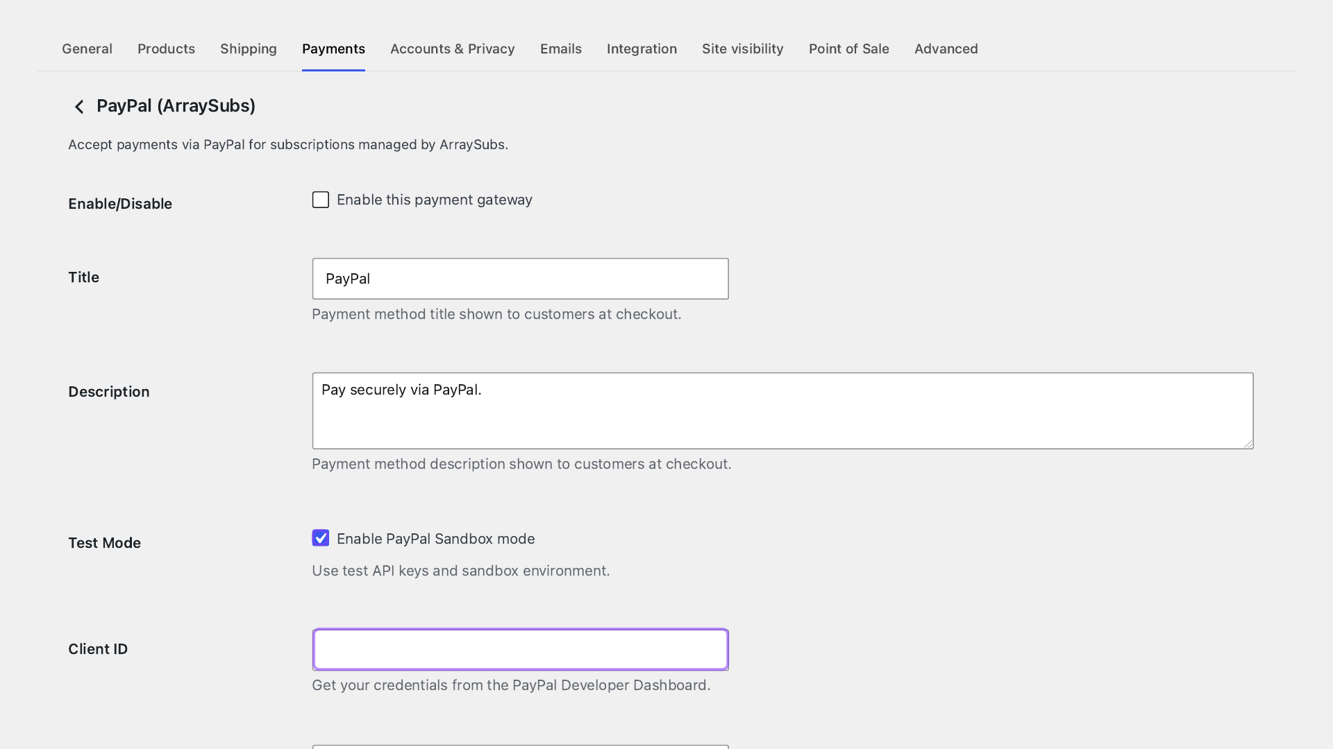 Annotated ArraySubs PayPal settings screen showing a safe sandbox-first setup with an empty credential field.