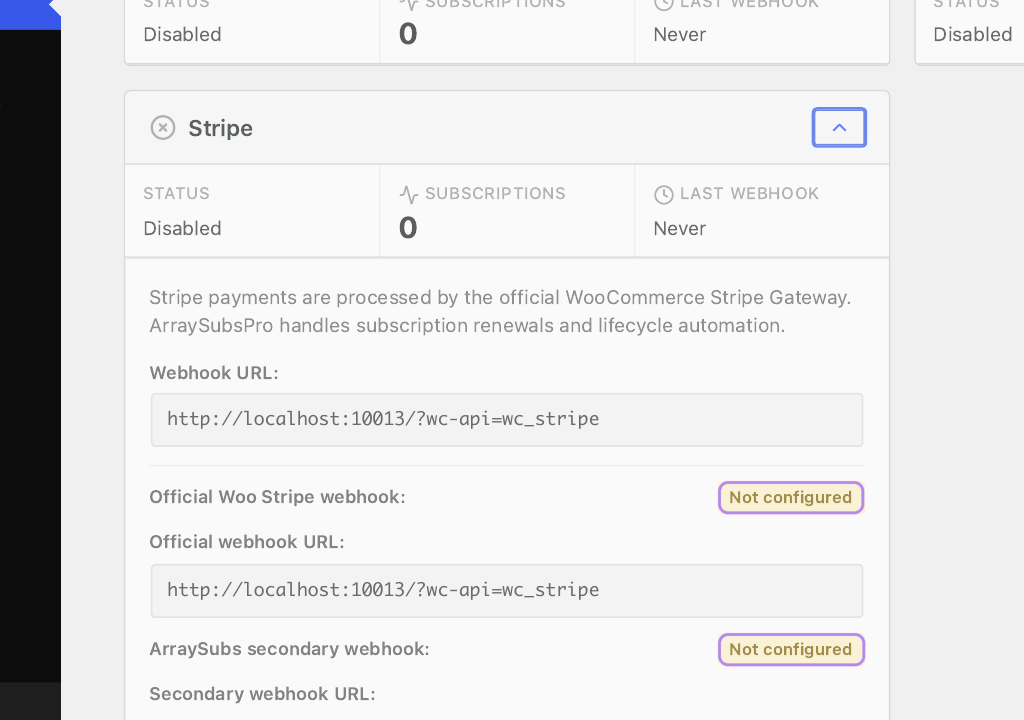 Annotated expanded Stripe Gateway Health card showing official and secondary webhook status areas.