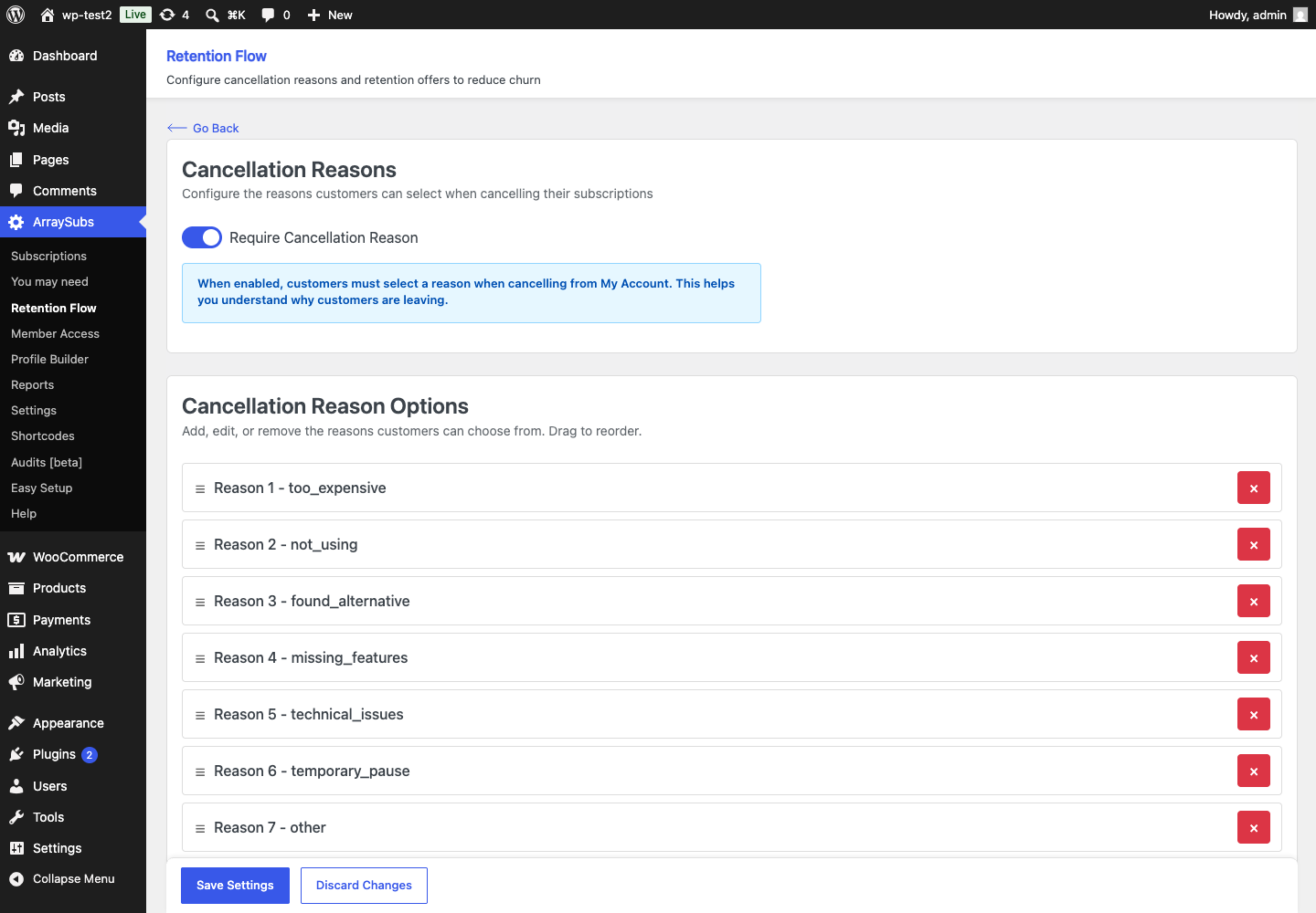 The ArraySubs cancellation-reason configuration with editable reason entries and a required-reason setting