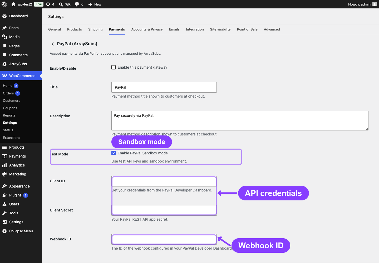 PayPal sandbox settings in WooCommerce