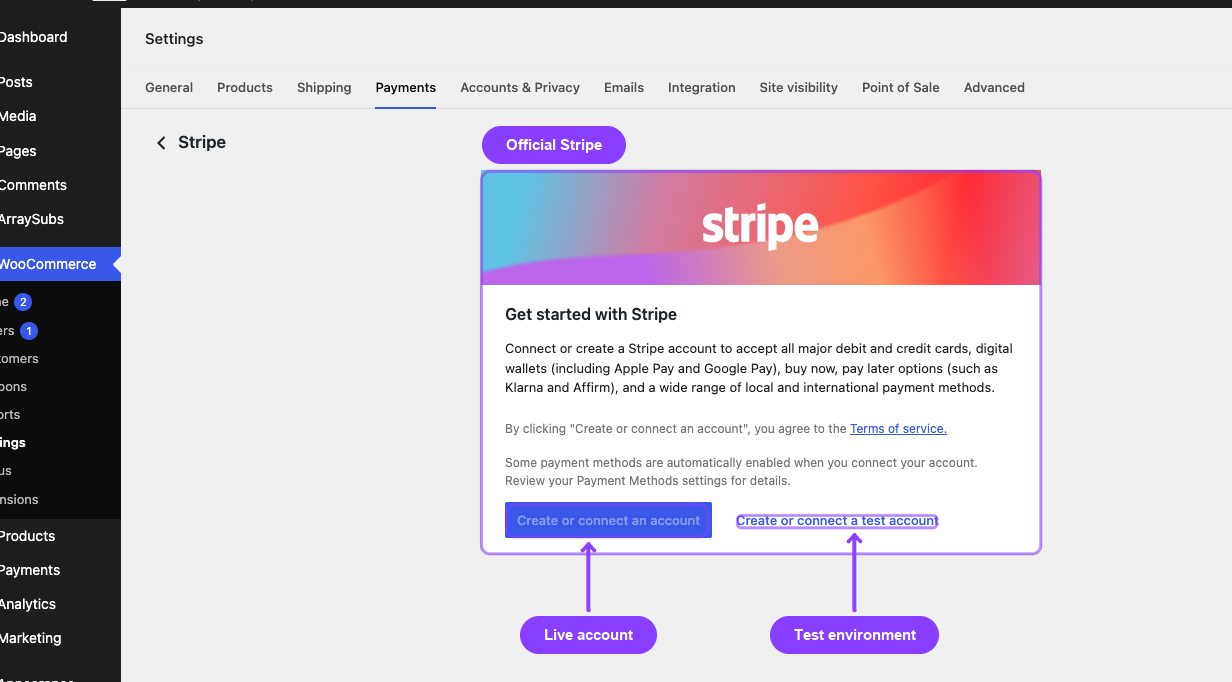 The official WooCommerce Stripe account connection used by the current ArraySubs Stripe path