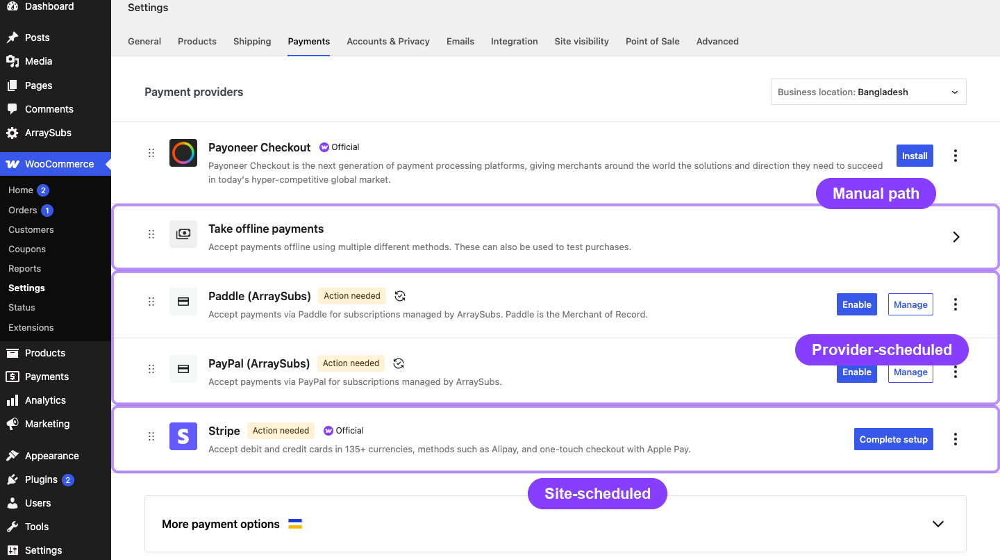 WooCommerce payment settings showing distinct providers and modes