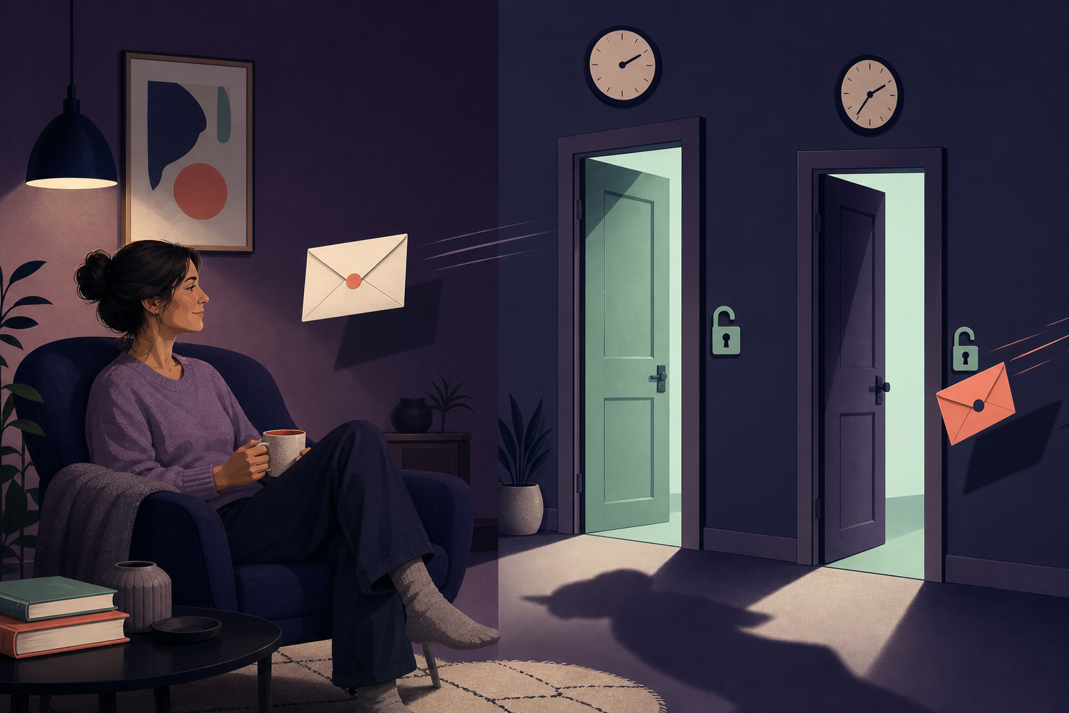 An email bird reaches a still-locked door, showing the failure created when notification timing and access timing drift.