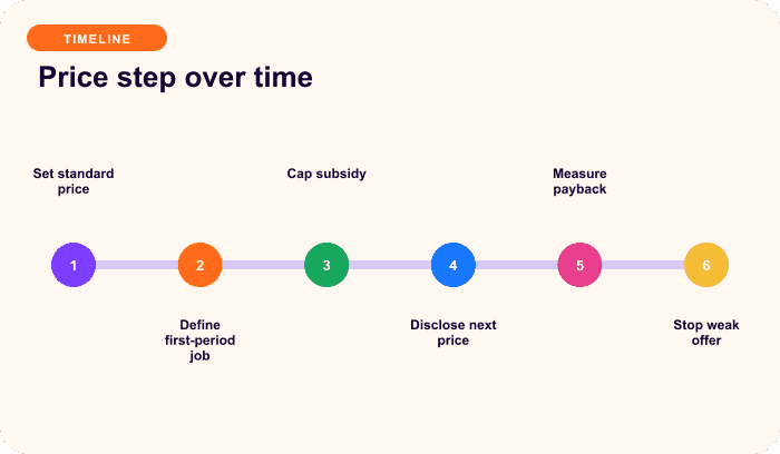Price step over time — a focused timeline for Price the first period and steady state separately.