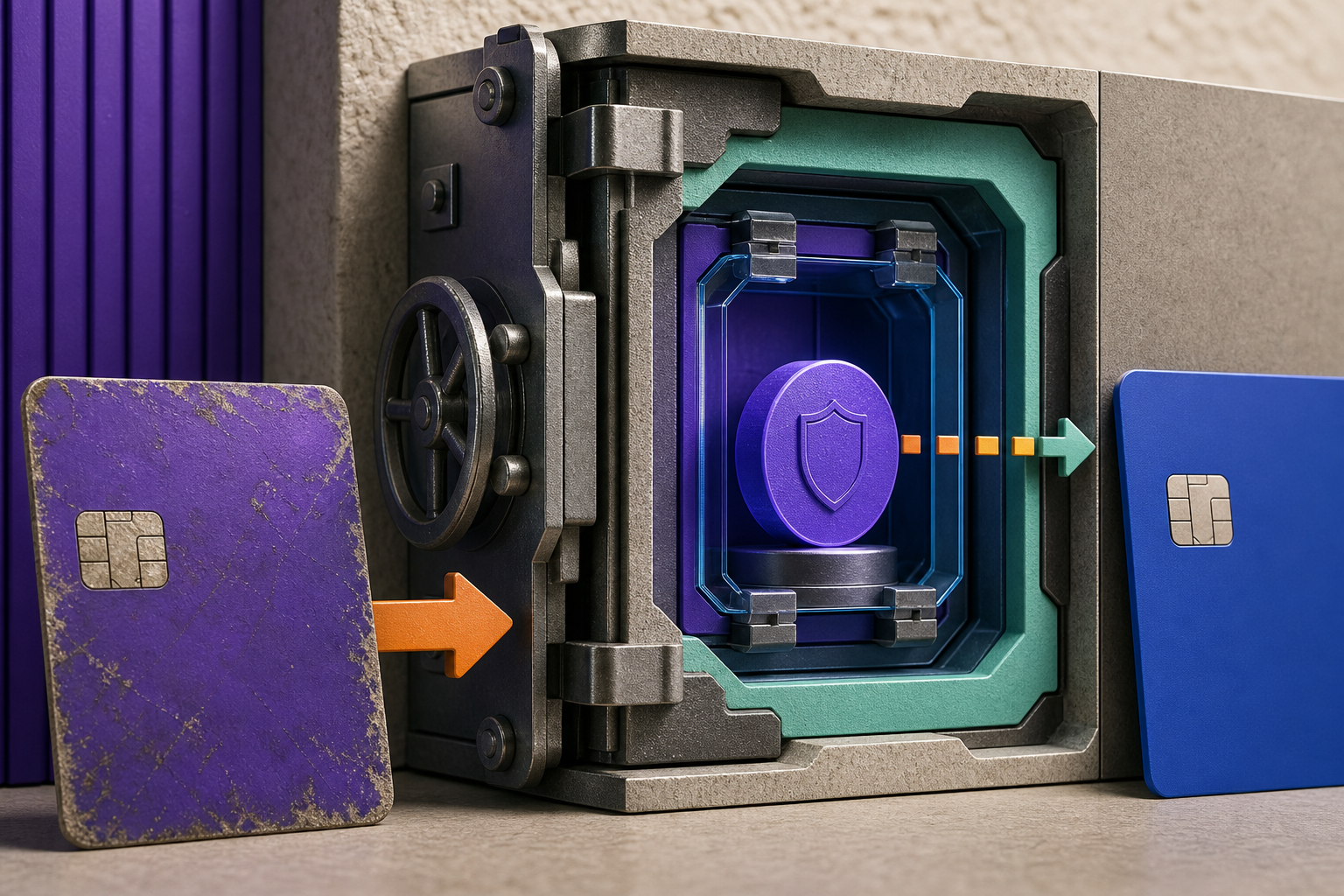 A card becomes a vaulted credential and an opaque token before WooCommerce requests a renewal.