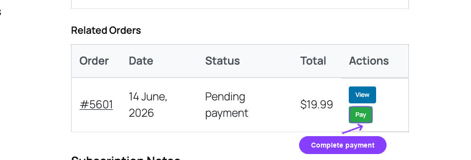 A separate Pay action lets the customer complete the still-pending renewal after method recovery.