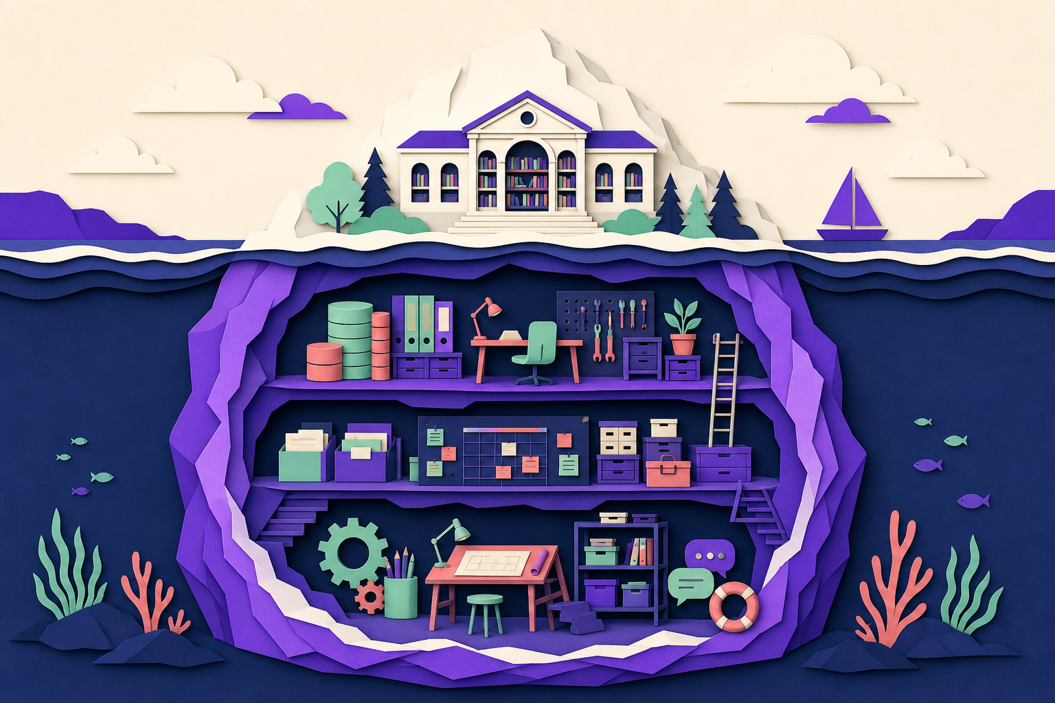 A content iceberg keeps complete discovery guides above water while deep datasets, tools, templates, and archives remain premium.