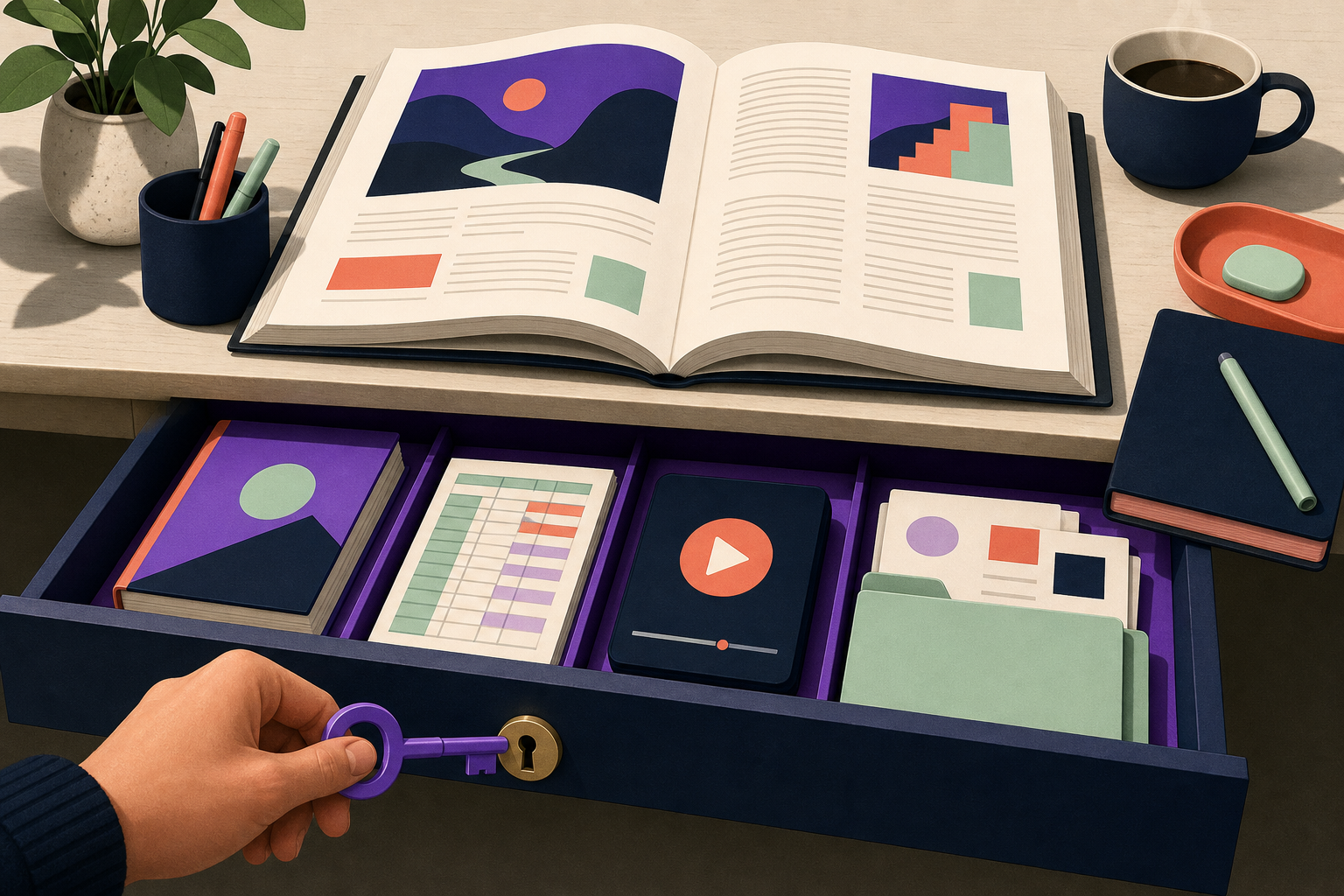 A public guide lies open on a desk while a premium workbook sits in a locked drawer beneath it.