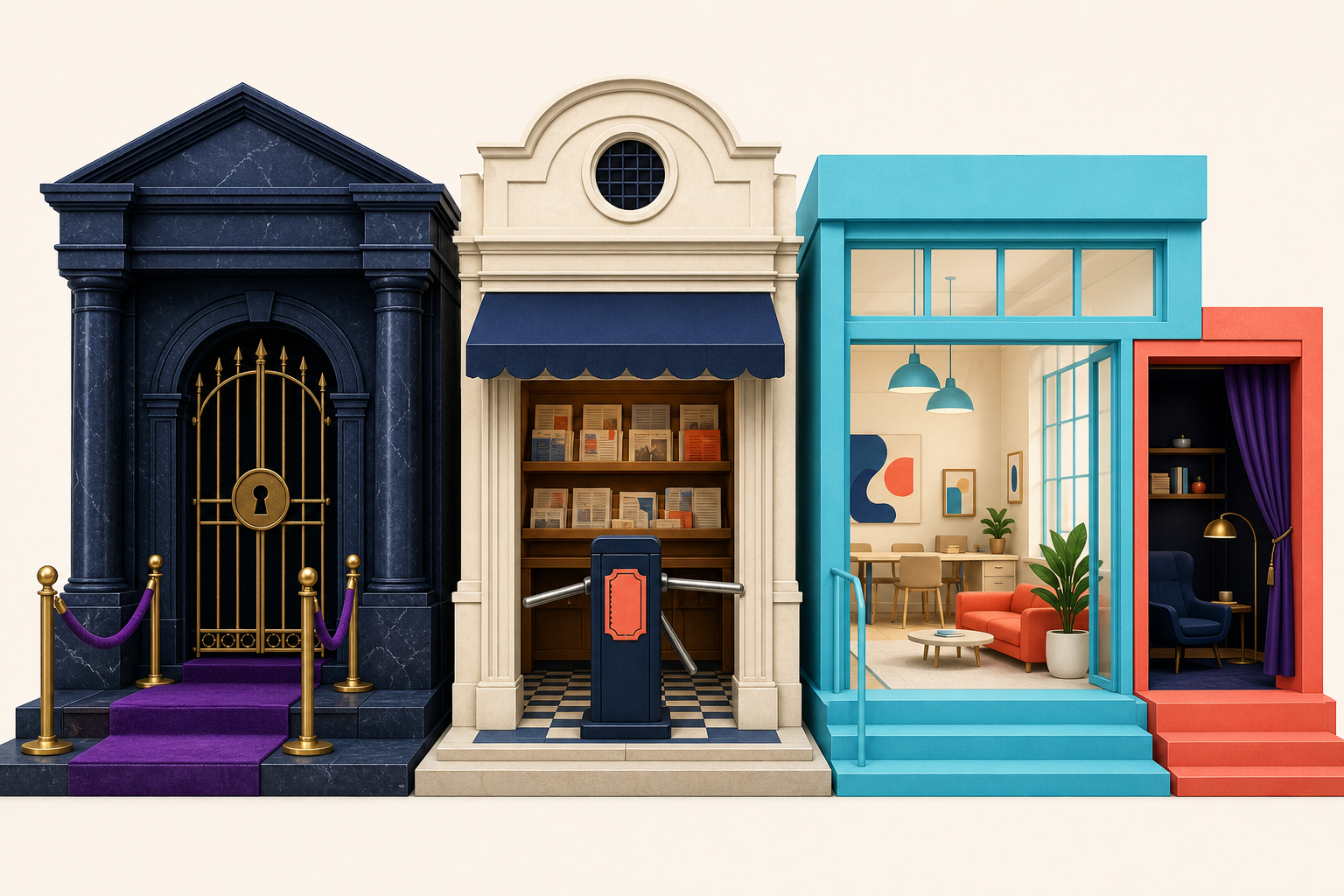 A closed members club, a library punch card, and a public gallery with a premium vault represent hard, metered, and freemium models.