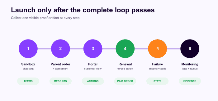Flat launch path from sandbox checkout to renewal, failure test, and monitoring.