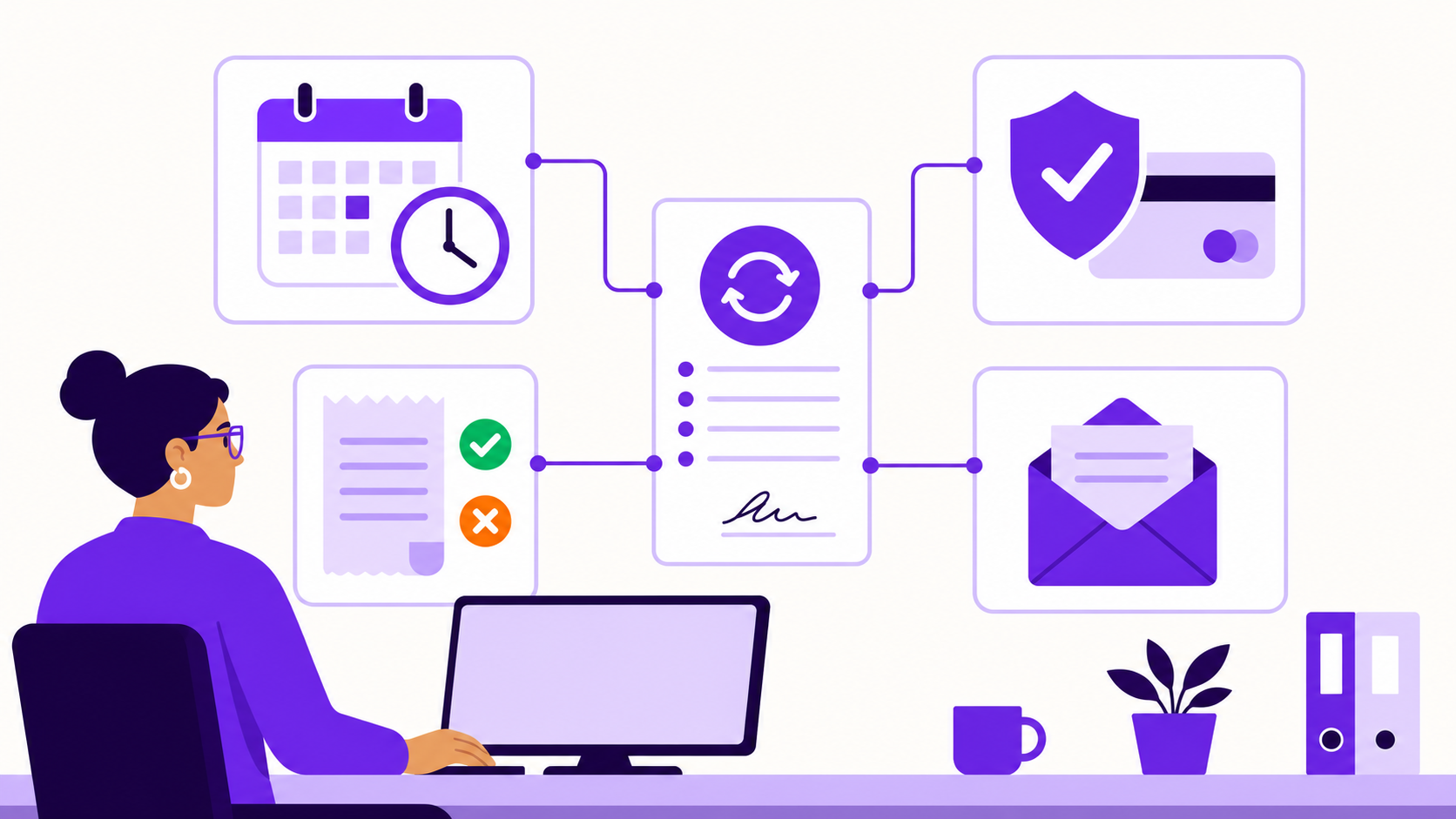 Flat illustration of a subscription operator reviewing scheduled actions, gateway logs, renewals, and email cards.
