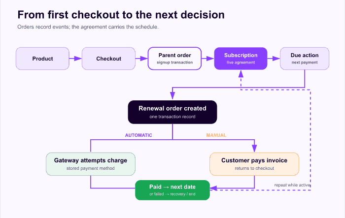 Flowchart from checkout through parent order, subscription, scheduled renewal, payment success or failure, and ending.