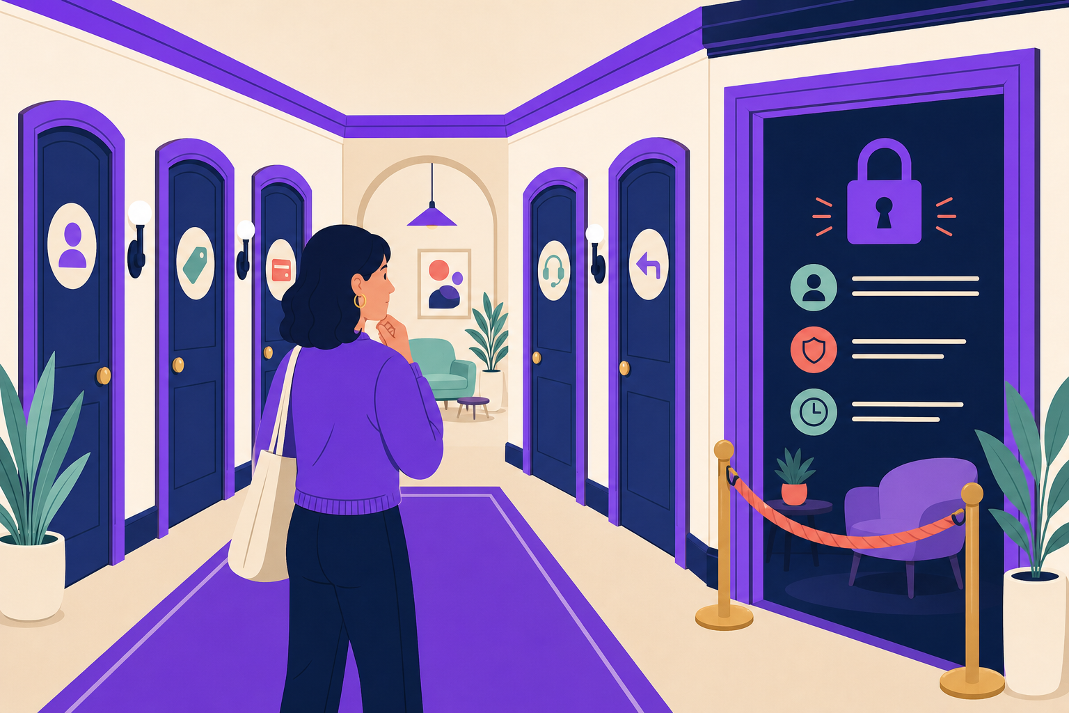 One hallway ends at a bare lock while the better route signs login, payment recovery, upgrade, and support clearly.