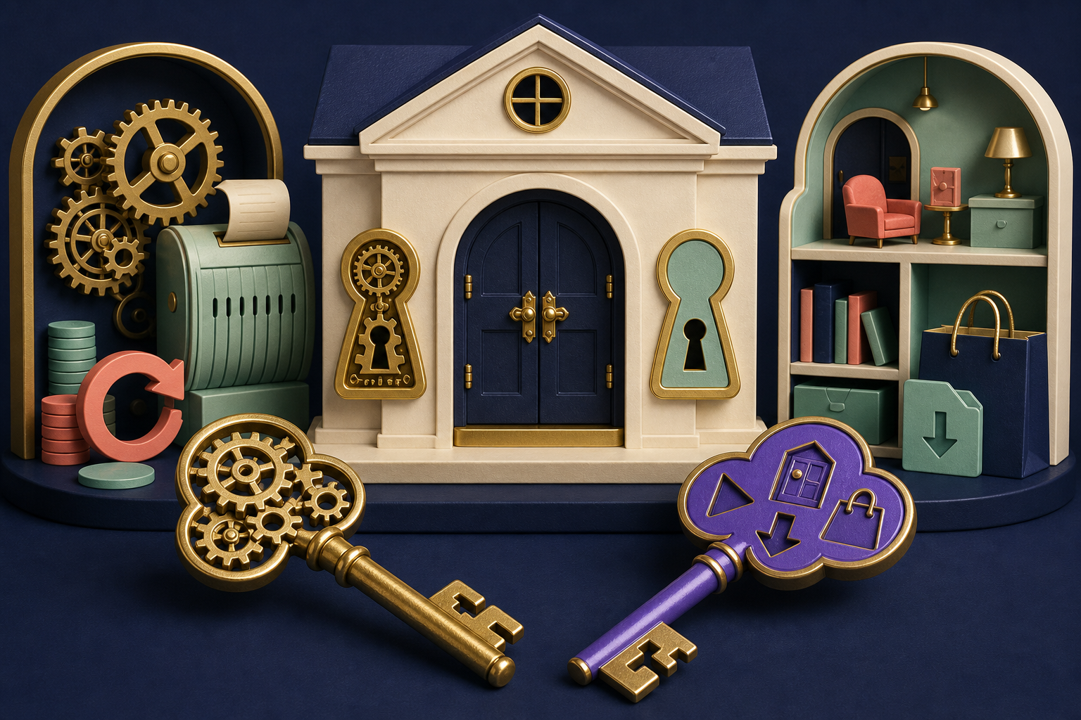 A shop owner carries a payment key and an access key because buying and entering are related but different decisions.