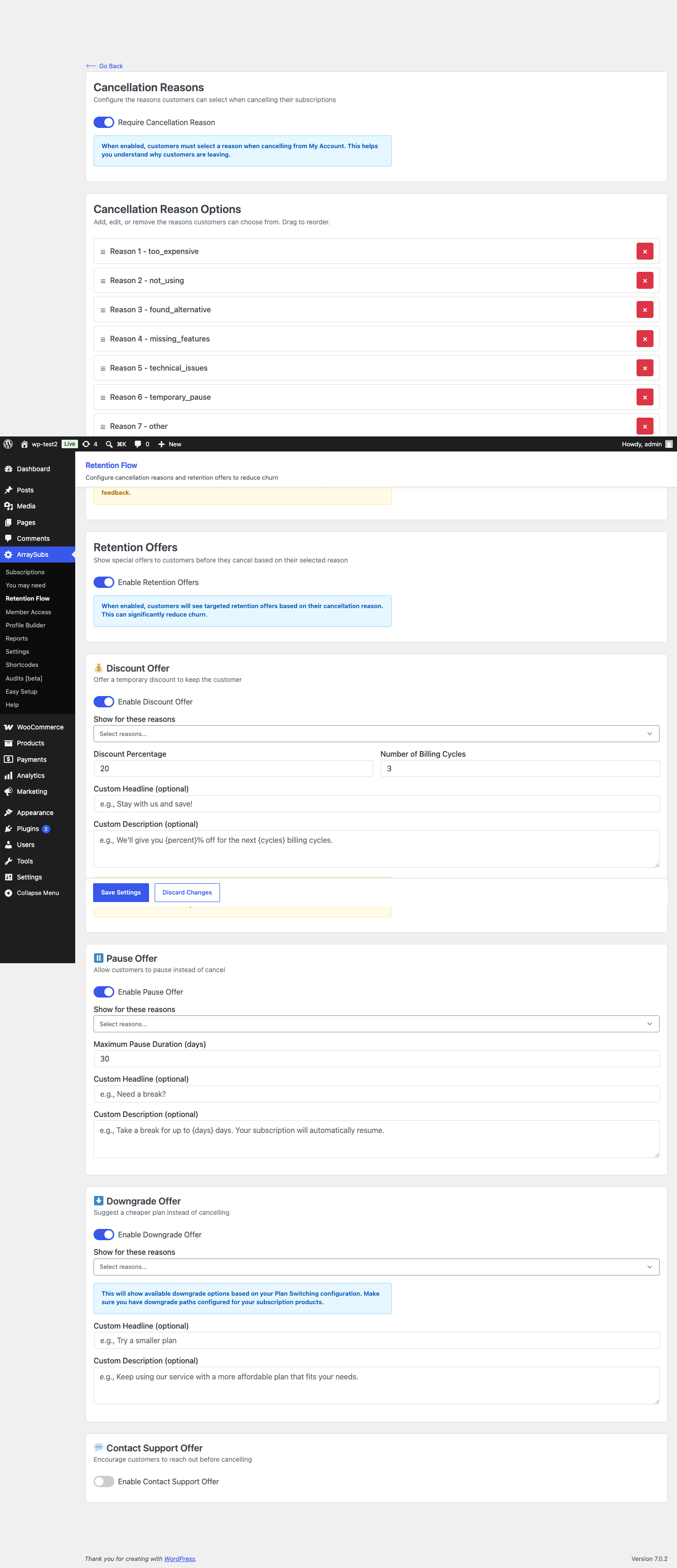 ArraySubs Retention Flow configuration in the local test environment