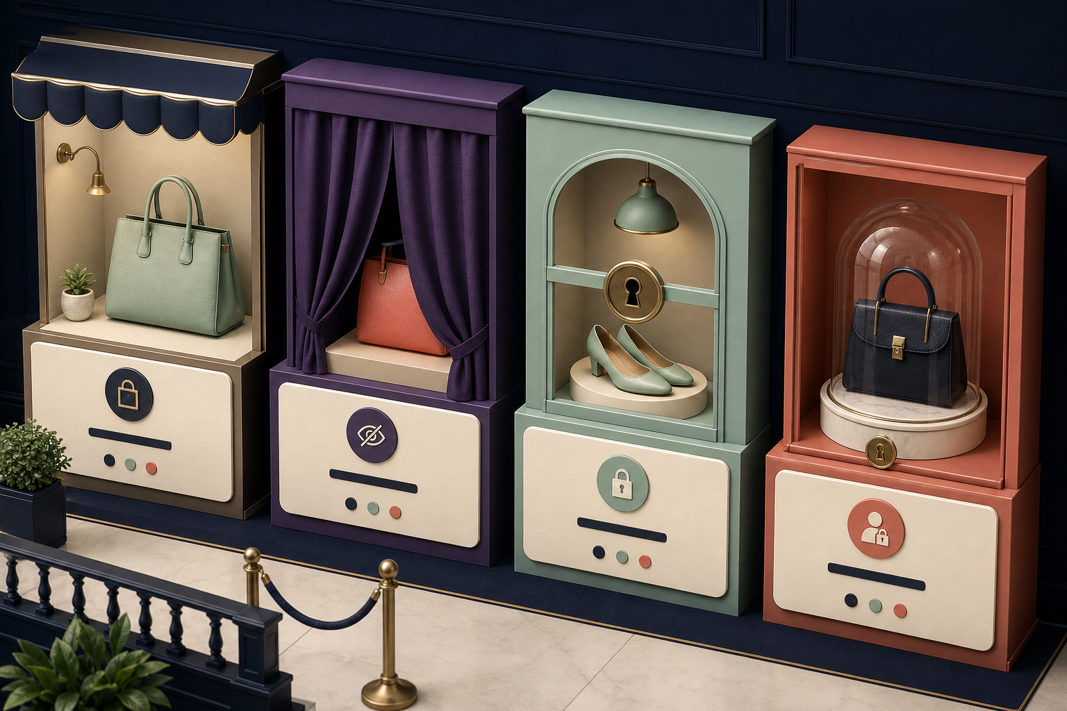 Discoverable, private, and login-first catalog cards use a window, shielded vault, and sign-in key.