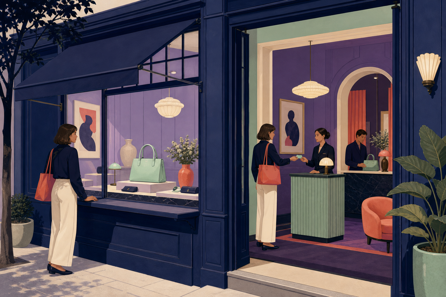 A public storefront window displays products while the checkout door opens only for an eligible member.