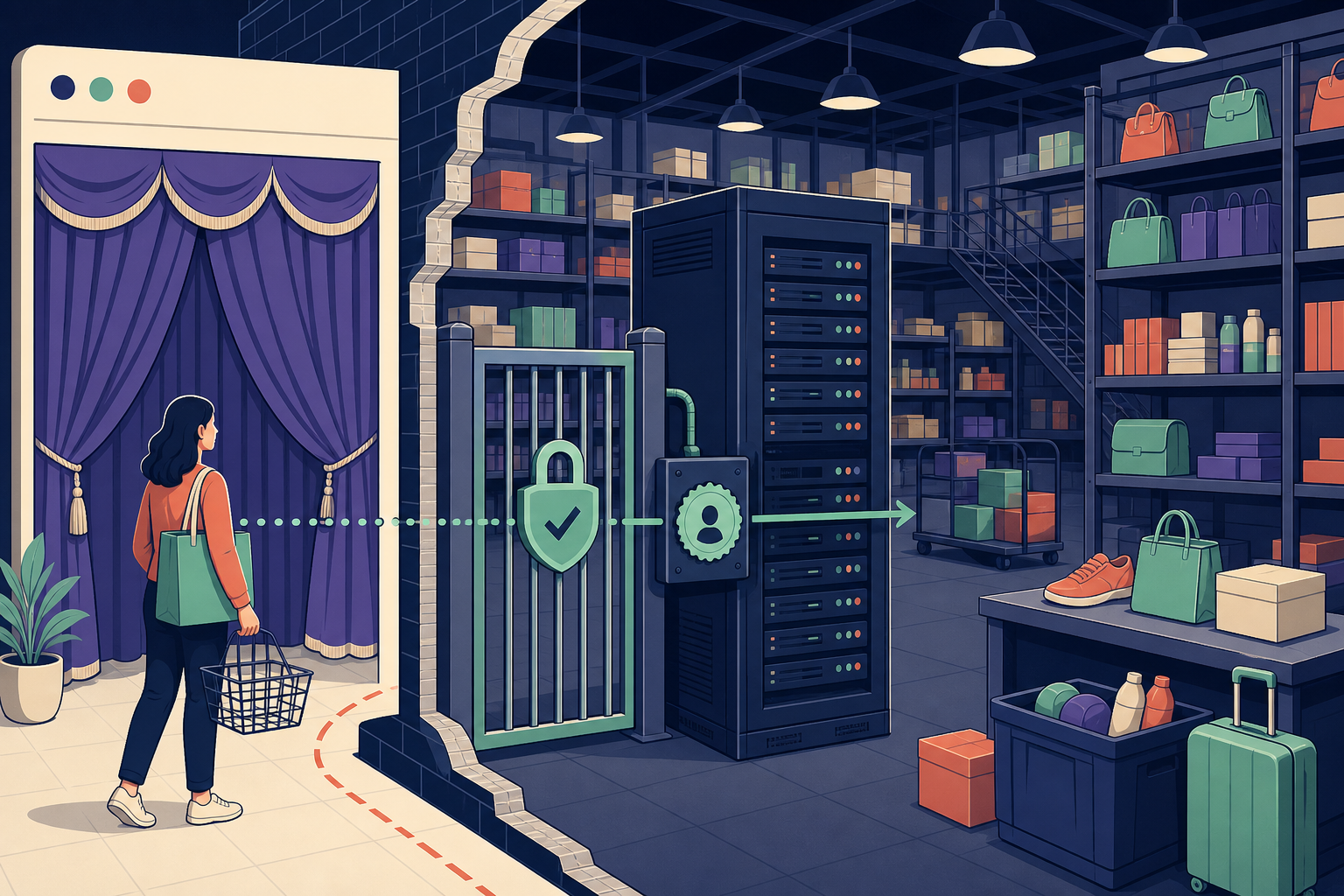 Product page, add-to-cart URL, Store API, cart, and checkout converge on one server-side authorization gate.