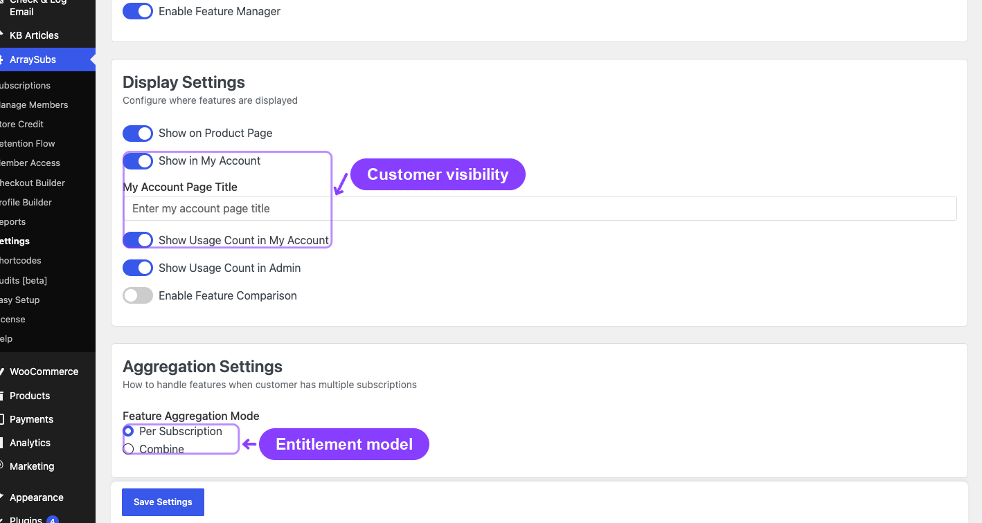 Feature Manager exposes customer visibility and entitlement aggregation as explicit choices.