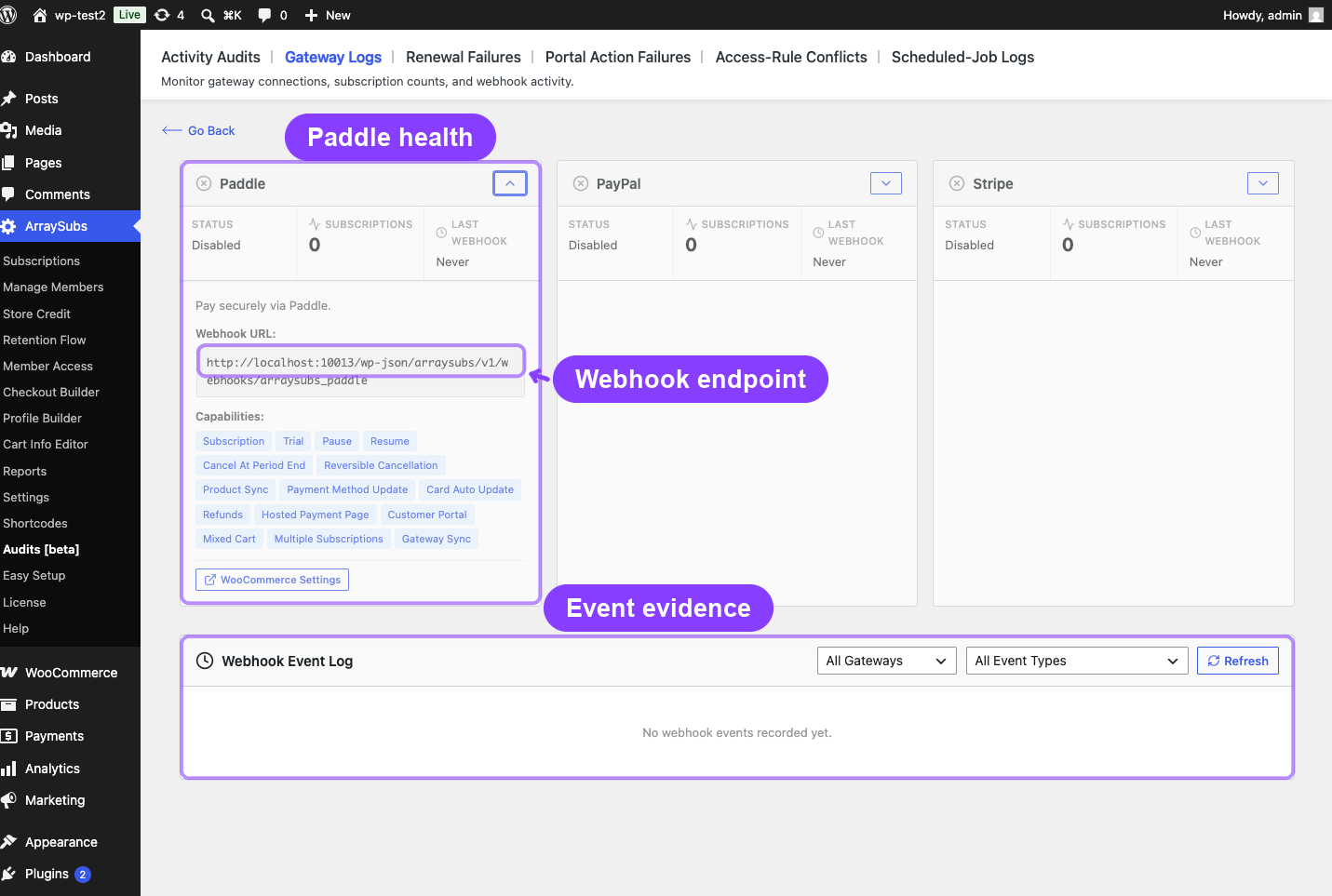 Paddle gateway health details in the ArraySubs test environment
