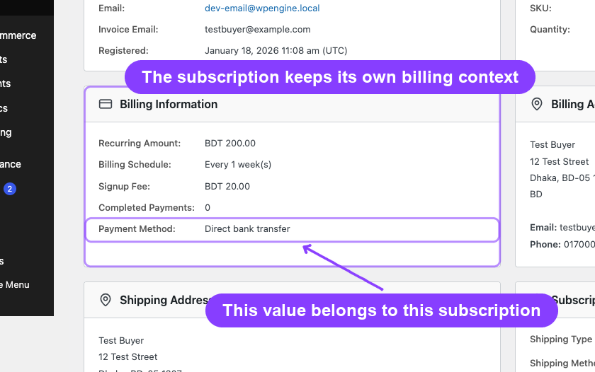 Subscription detail showing current billing context