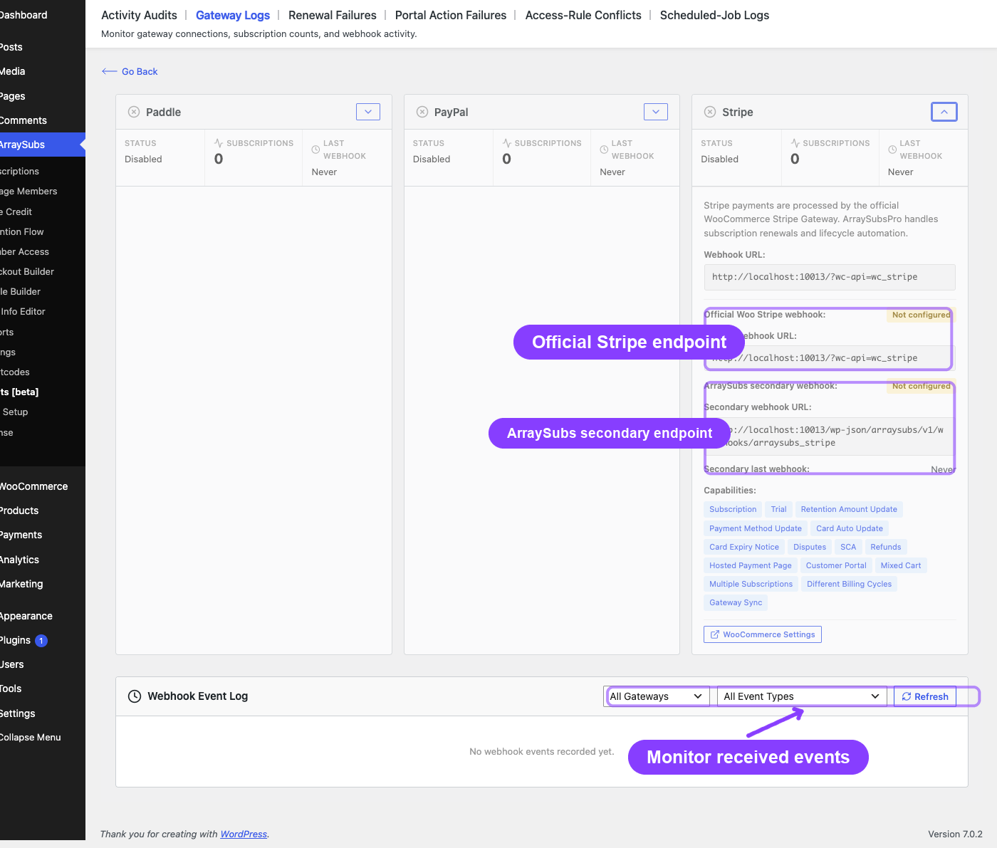 Stripe webhook health and recent processed-event evidence