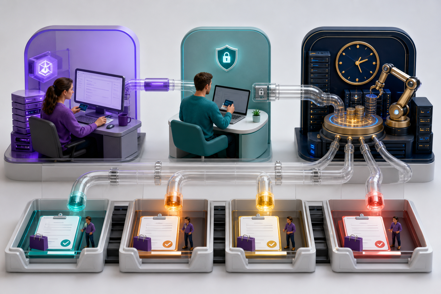 A local Woo/ArraySubs desk, hosted checkout, and remote billing clock exchange signed lifecycle signals into local order trays.
