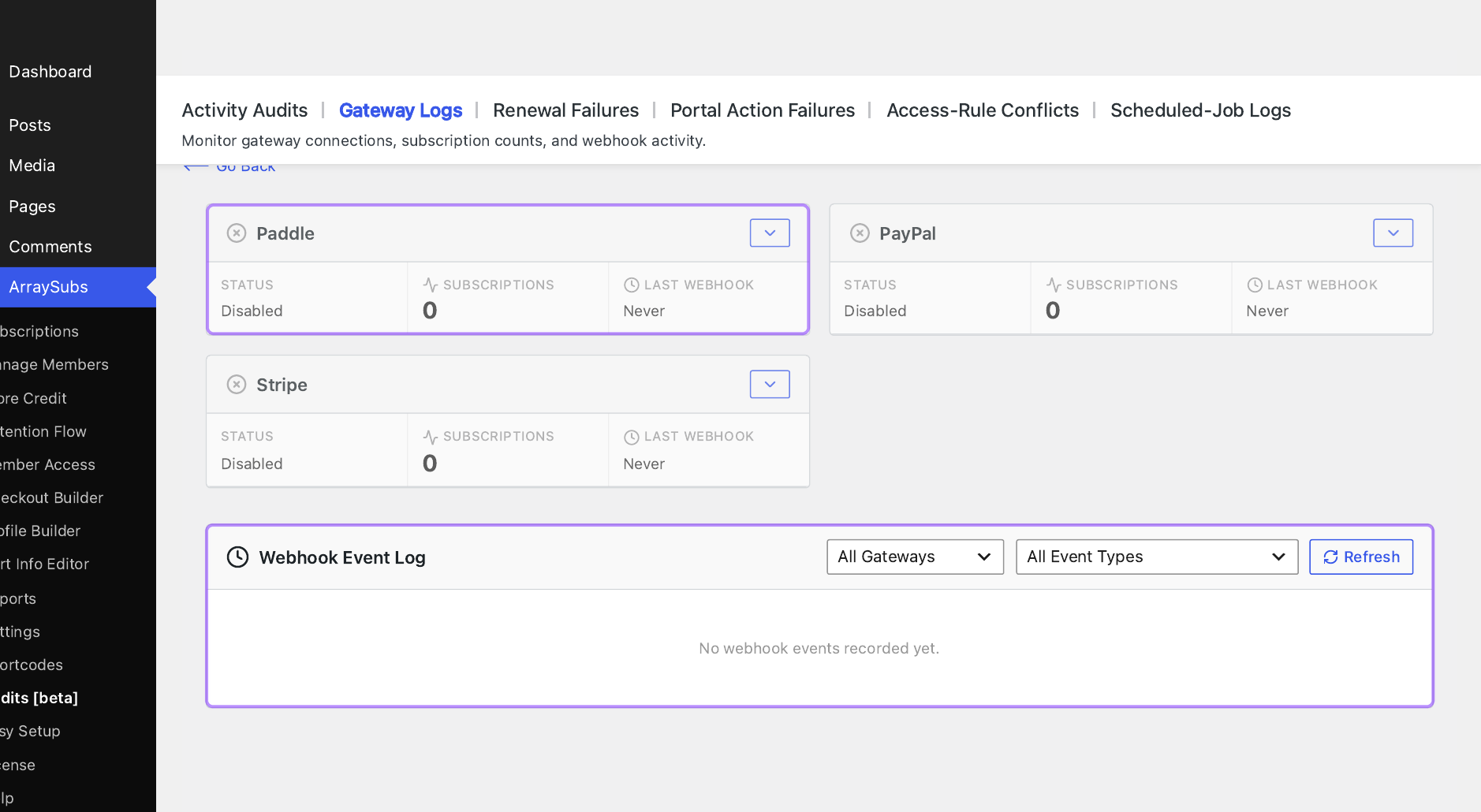 Annotated ArraySubs Gateway Health screen identifying the Paddle card and webhook event log.