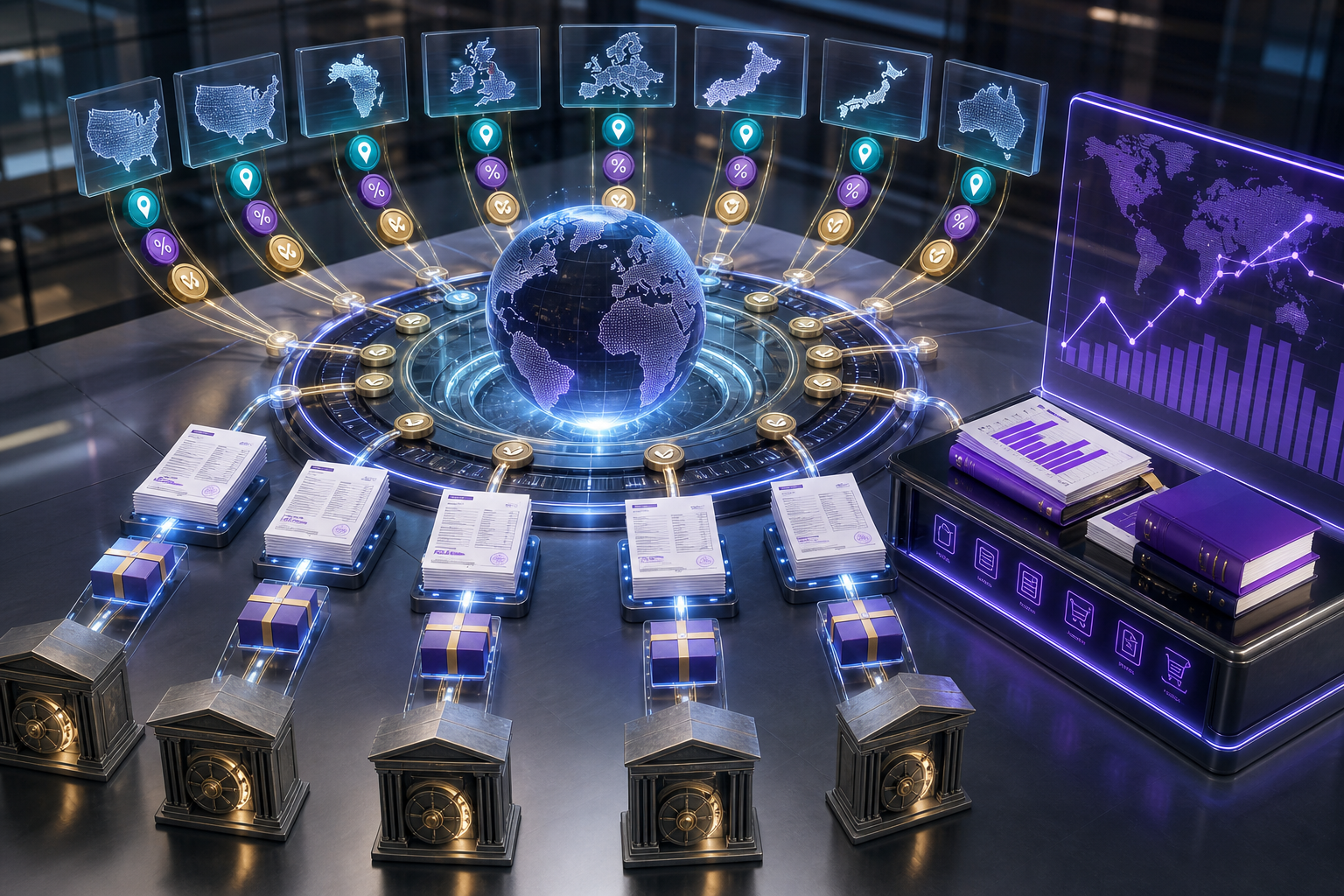 A global tax-evidence laboratory routes buyer location and tax-category signals into transaction documents and remittance vaults.