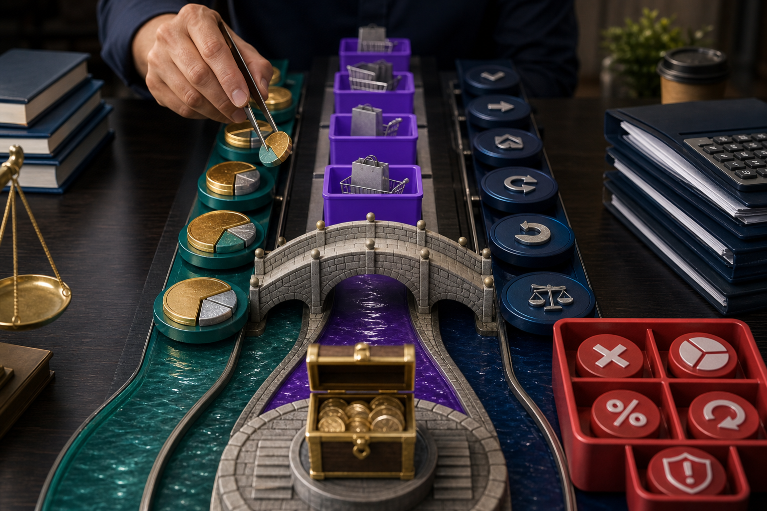 A three-way reconciliation bridge matches transaction slices, local order trays, Adjustments, and exceptions into a net payout chest.