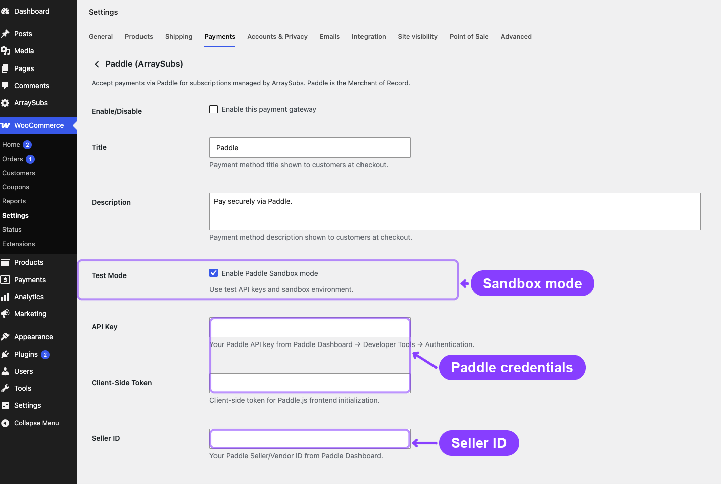 Annotated Paddle gateway settings showing Sandbox mode, the API and client-token fields, and Seller ID without exposing credentials.