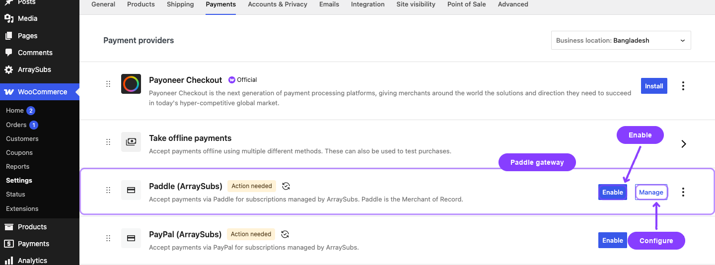 Annotated WooCommerce payment-provider list identifying the Paddle (ArraySubs) gateway with its Enable and Manage actions.