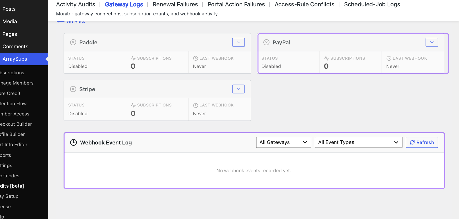 Annotated ArraySubs Gateway Health view identifying PayPal status and the shared webhook event log.