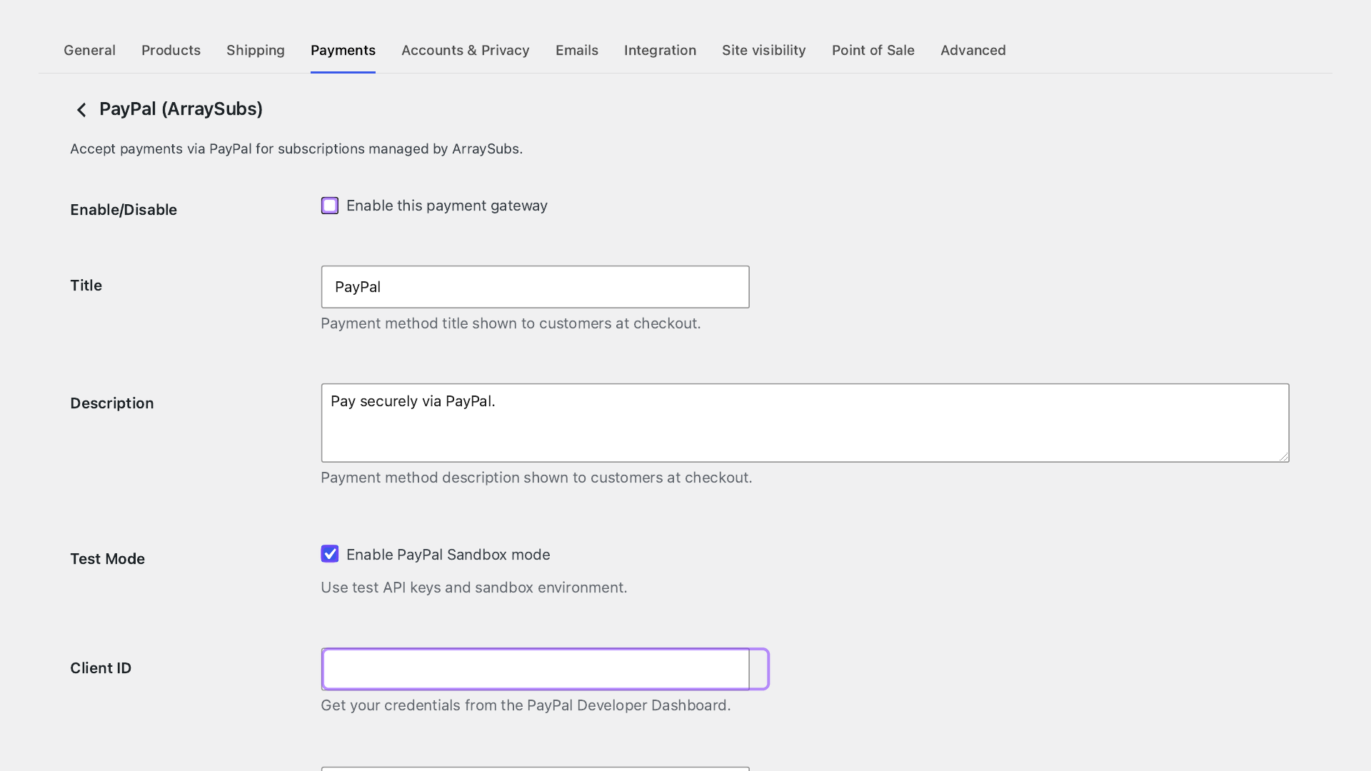 Annotated ArraySubs PayPal settings showing the gateway enable control, Sandbox mode, and blank Client ID field.