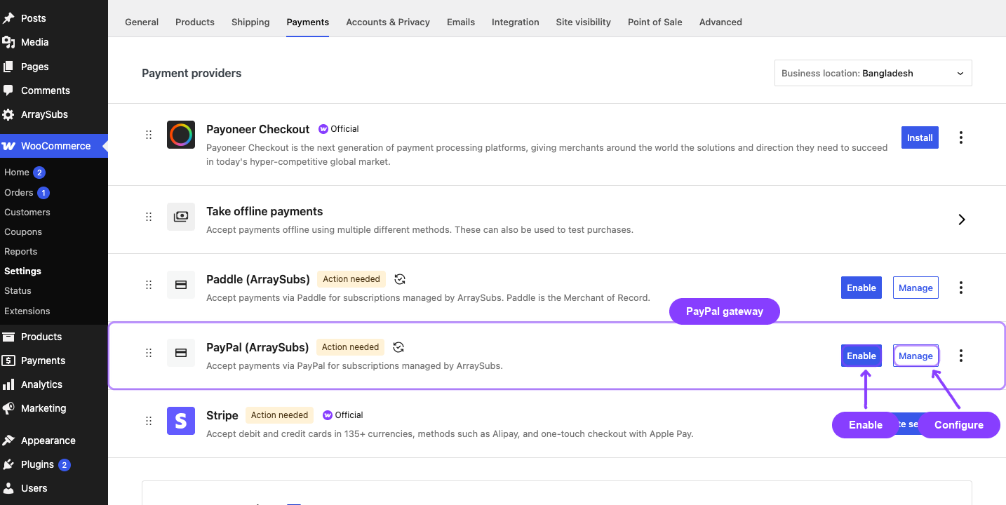 Annotated WooCommerce payment-provider screen highlighting the PayPal (ArraySubs) row with its Enable and Manage actions.