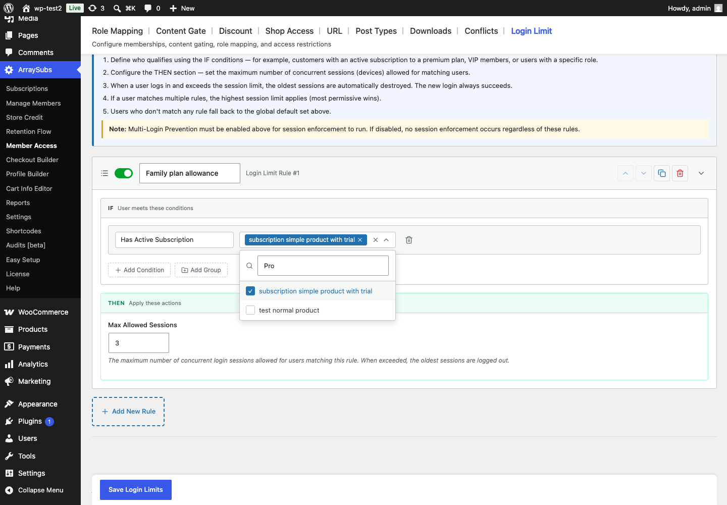 An unsaved ArraySubs Pro example maps an active subscription product to a maximum of three concurrent sessions for qualifying members.