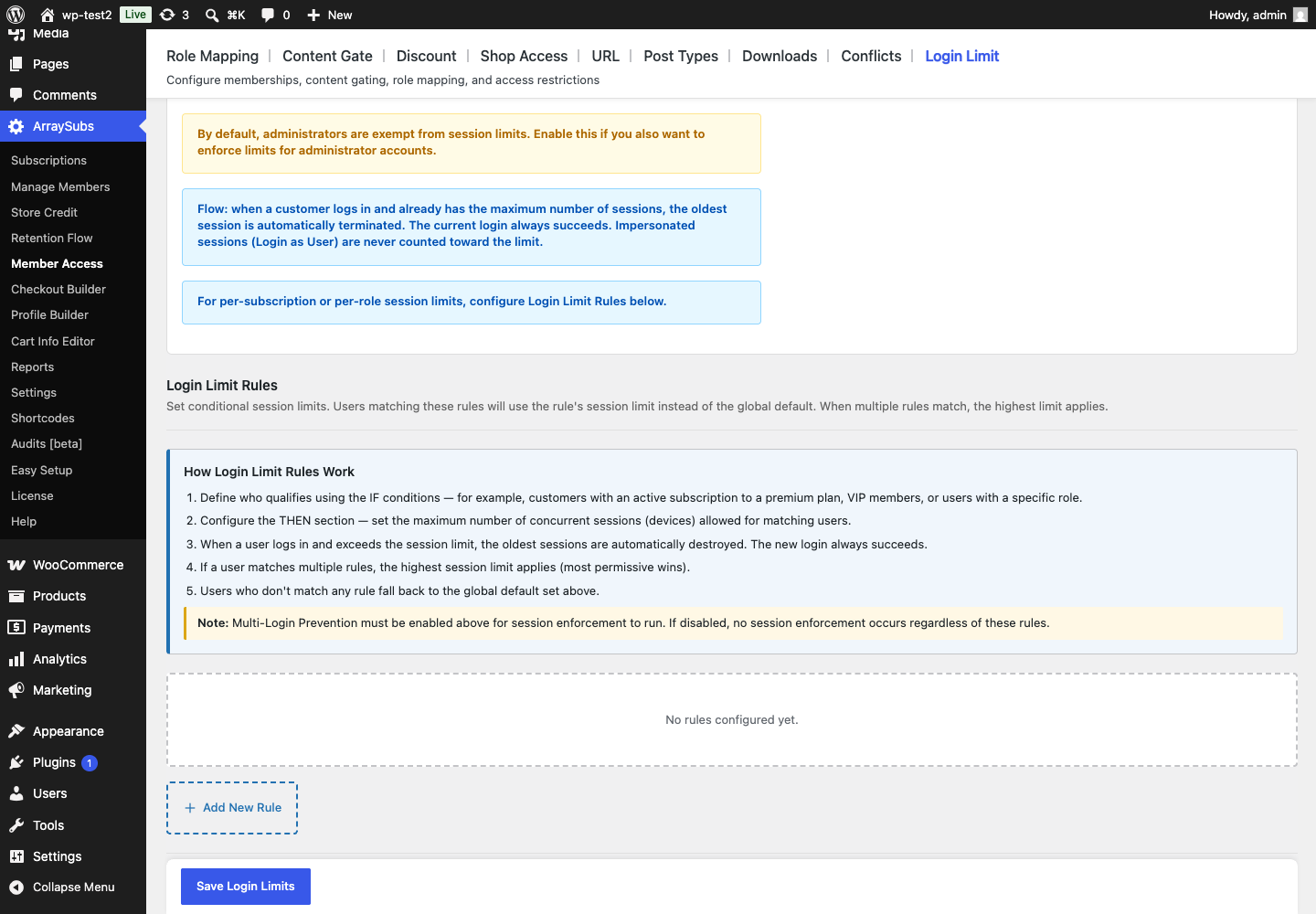 The ArraySubs Pro Login Limit Rules panel explains conditional matching, highest-limit resolution, fallback behavior, and the requirement to enable the global feature.